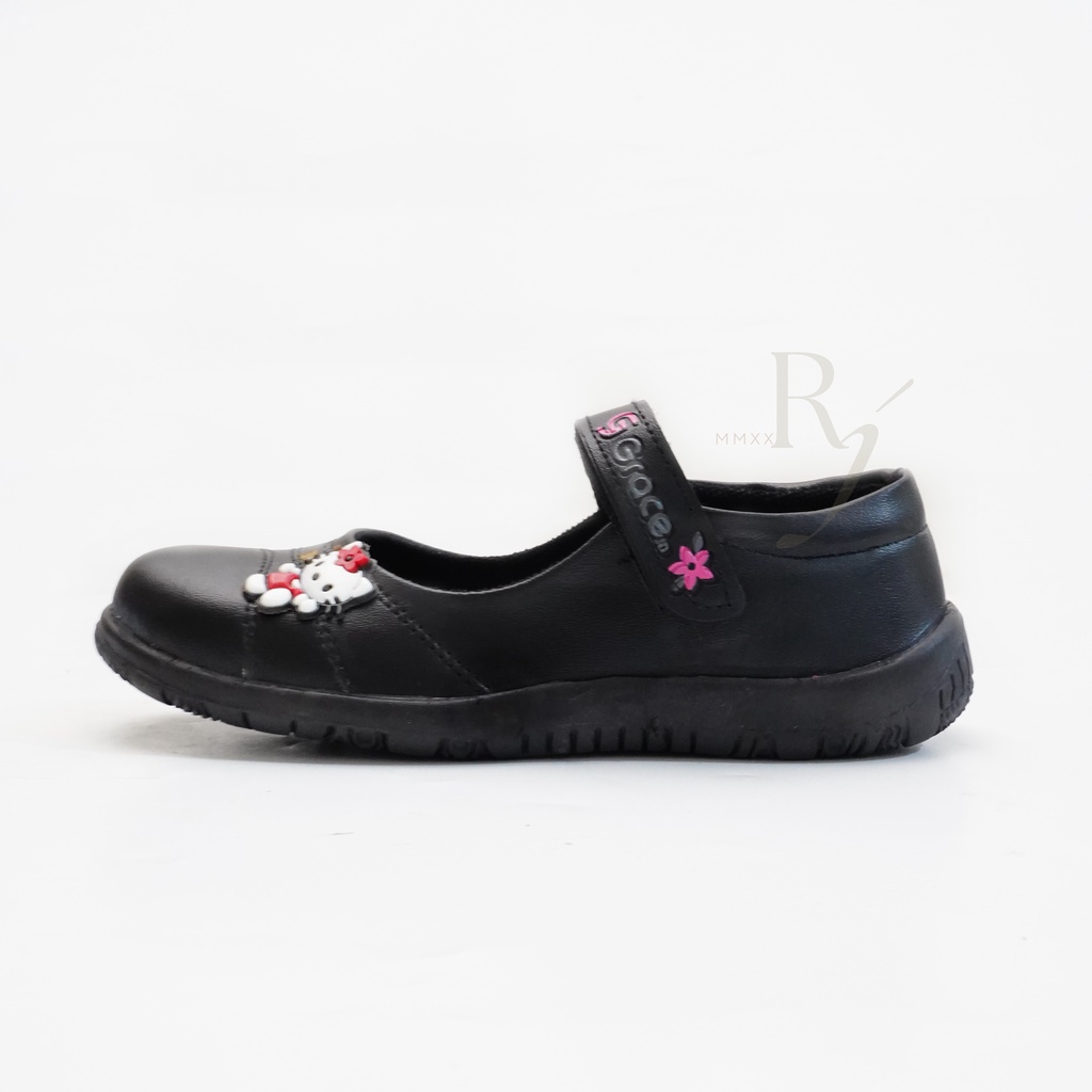 GRACE [HANA 02] 26-35 Sepatu Sekolah Anak Cewek Perempuan Hitam Polos/ Sepatu Flat Polos Tali Perekat