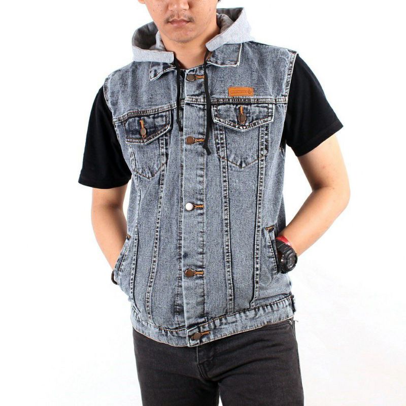 Jaket rompi jeans jumbo Ber Hoodie penutup kepala pria denim original Flower Country M L XL XXL XXXL