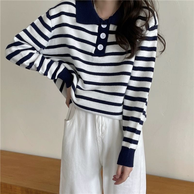 Polo Stripes Knit Import - Atasan Polo Rajut Wanita - Korean Polo Knit TM (51047)