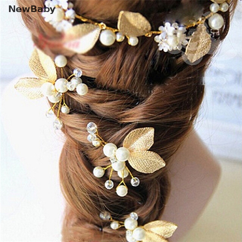 Newbaby 4PCs Jepit Rambut Bentuk Daun Emas Hiasan Mutiara Untuk Pengantin Wanita