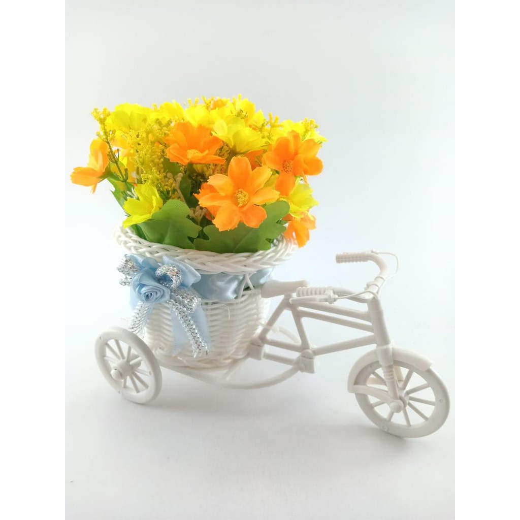 BUNGA SEPEDA SET BUNGA HIAS BUNGA PLASTIK VAS SEPEDA ROTTAN SET BUNGA DAISY BS6602-Kuning