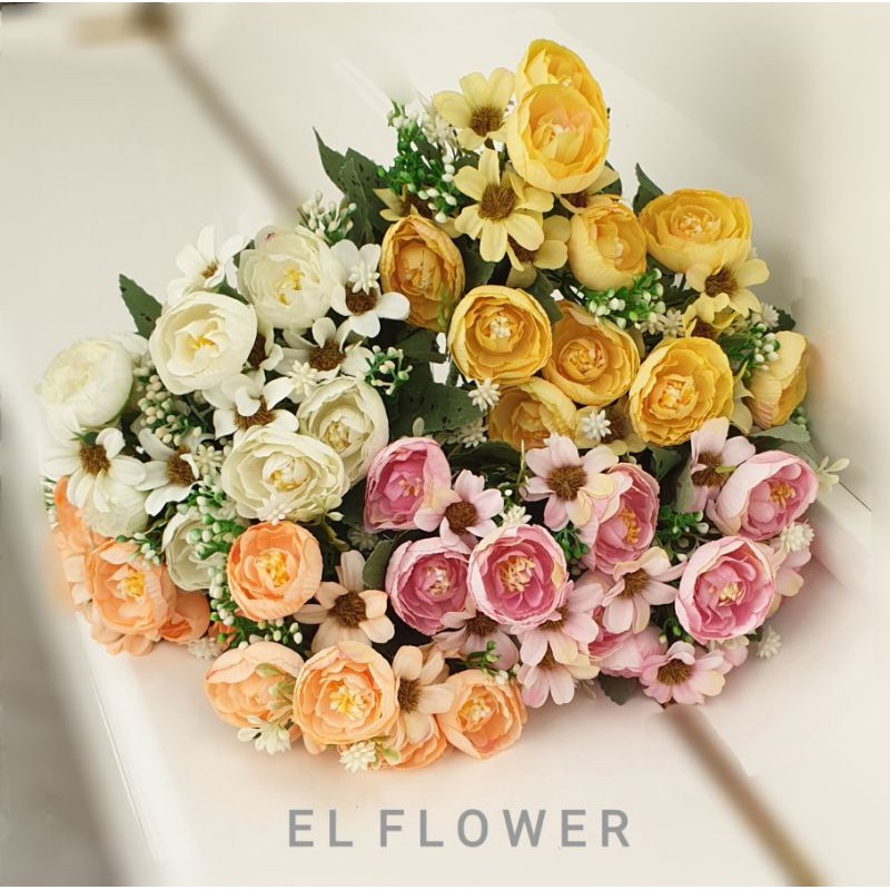 PEONY 5 kuntum + aster 5 kuntum + 5 babybreath BUNGA ARTIFICIAL PALSU Dekorasi-3