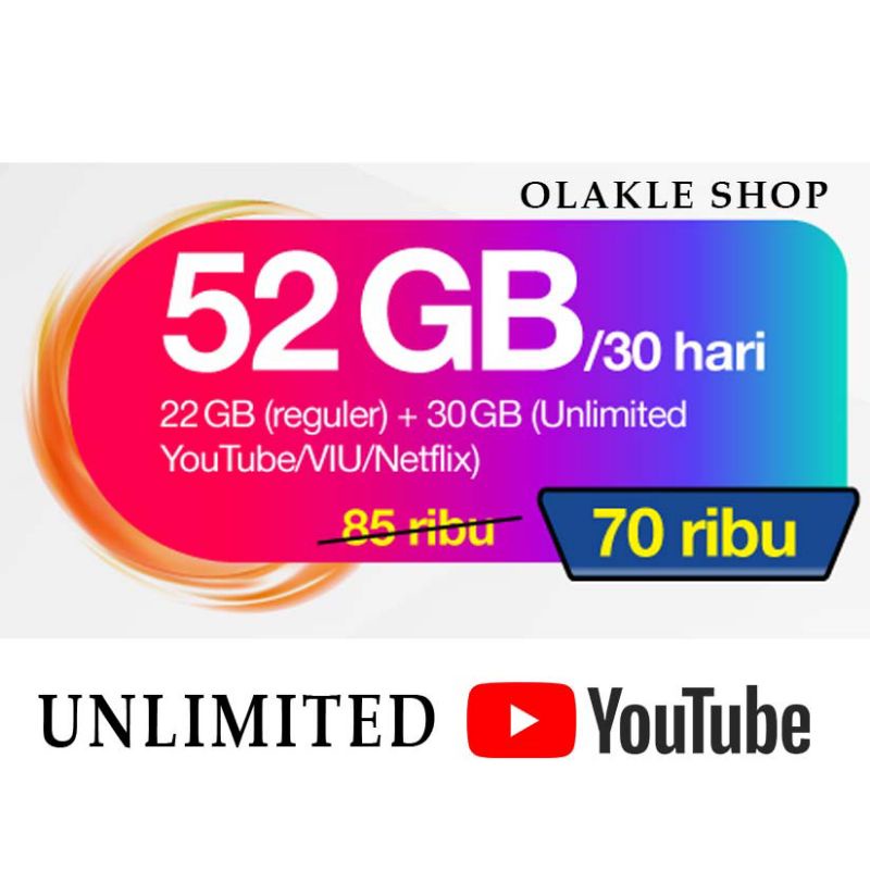 KUOTA TRI 3 THREE 22GB 52GB UNLIMITED YOUTUBE 30 HARI 24JAM