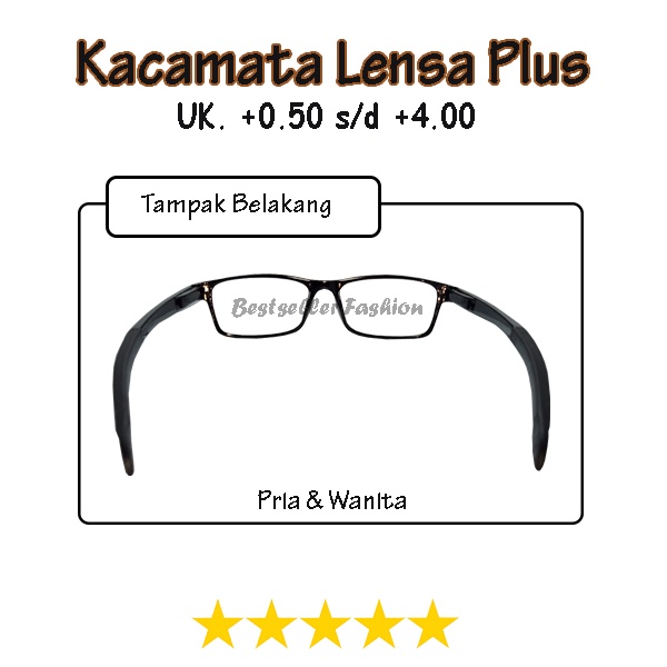 Kacamata Baca Rabun Dekat +0.50 sampai +4.00 pria dan wanita bingkai hitam persegi panjang kaca mata lensa plus tangkai penyangga telinga karet Unisex FREECASE