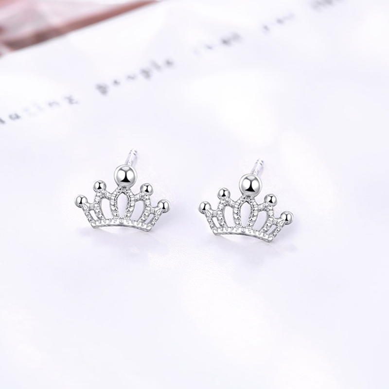 Anting Perak Mahkota Simple Crown Silver Earrings Stud Charm Trendy Hollow Party Earring Women Ear Jewelry Gift