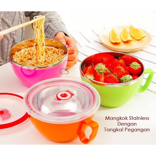 Stainless bowl dengan tangkai pegangan mangkok stainles dgn tutup