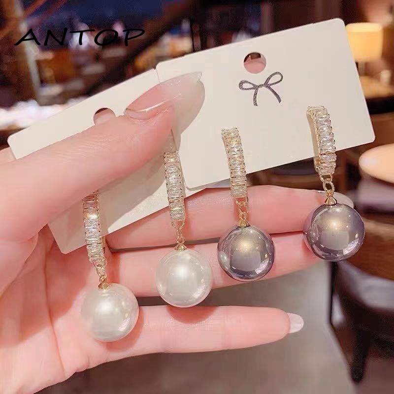 Korea Fashion Crystal Pearl Earrings Light Mewah Temperamen Anting-Anting Wanita Perhiasan Aksesoris ANTOP