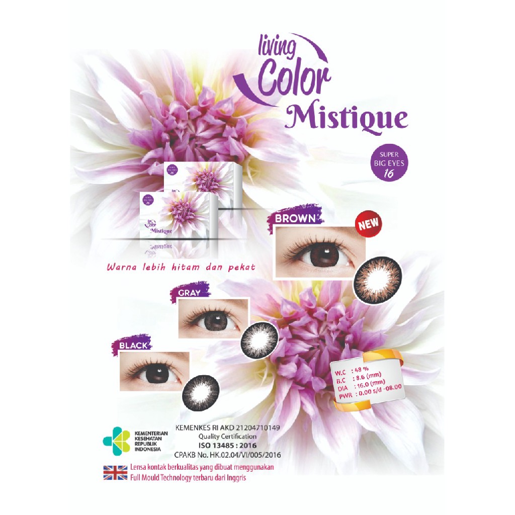 SOFTLENS MISTIQUE LIVING COLOUR big eyes 16 mm hitam pekat by IRISLAB ukuran Normal dan minus -0.50 sampai minus -2.50