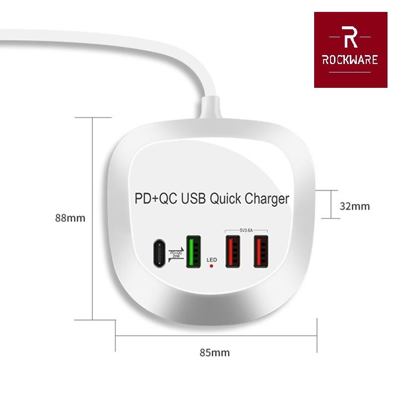 WLX-T3P - 4 USB Port Charger PD and QC 3.0 - Charger USB 2 Port + 1 QC 3.0 Port + 1 USB-C PD Port