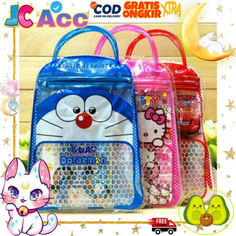 

Peralatan sekolah anak , alat tulis, buku, pensil, penghapus, penggaris, rautan set doraemon + tas