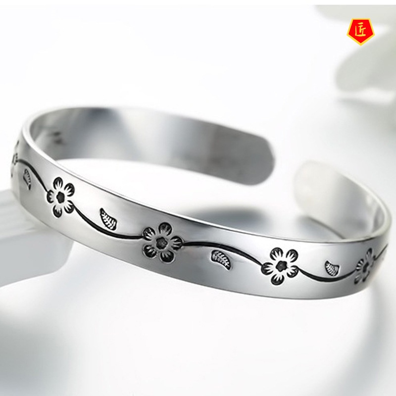 [Ready Stock]Silver Classic Retro Fashion Plum Blossom Bracelet