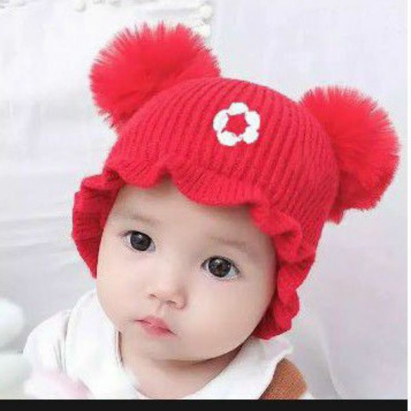 Topi Kupluk Bayi Perempuan Polos Model Pompom Bunga Anak Usia 0 3 6 bulan umur 1 2 3 Tahun thn