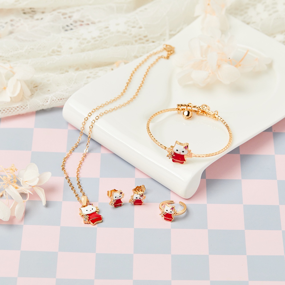 Y418 Set Perhiasan Anak Lapis Emas Hello Kitty Set Kalung Anting Anak Aksesoris Anak Perempuan Cincin Gelang Set