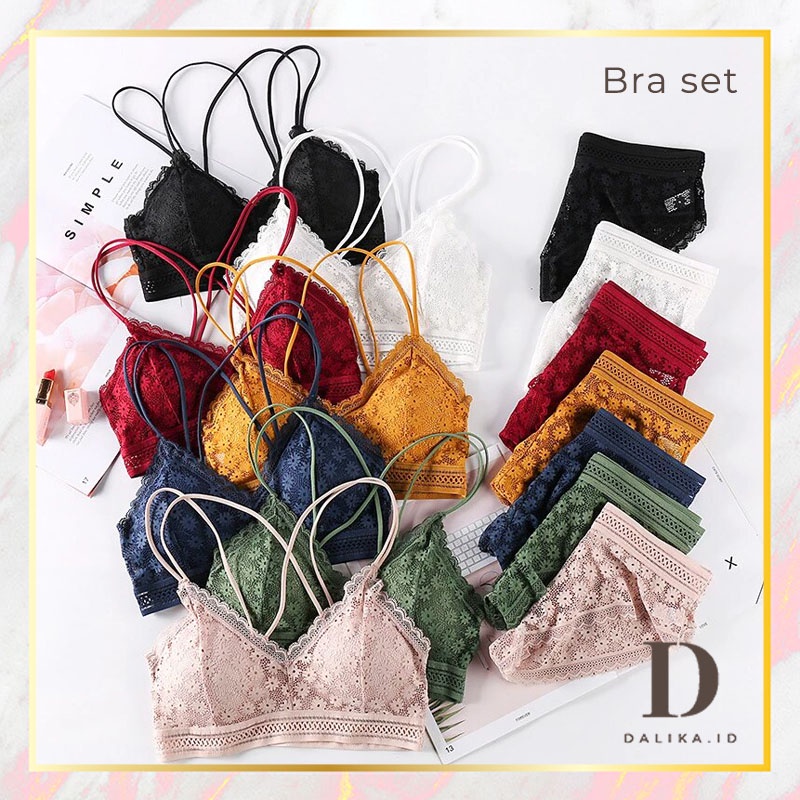 Bra Set BH Setelan Dalaman Brief Set Tanpa Kawat Motif Bunga Renda Seksi Lingerie Brallete Two Piece Wanita Dalika