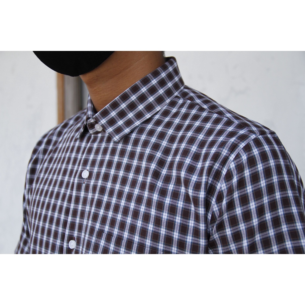 Kemeja Formal Slimfit Maginot Lengan Pendek Pria Hitam Motif Kotak-kotak 01 Good Quality 100% Original