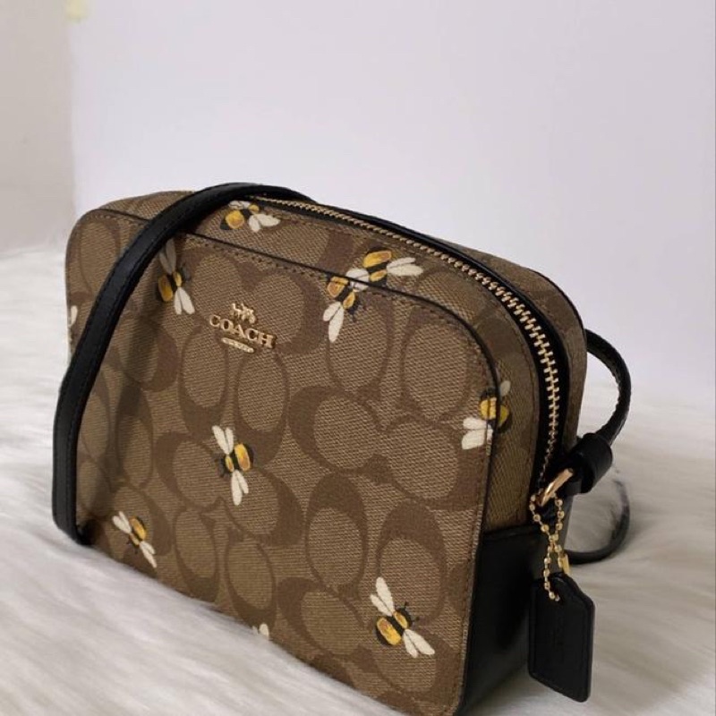 Coach Camera New Mini Signature Canvas With Bee Print / Brown Crossbody bag (C8671)