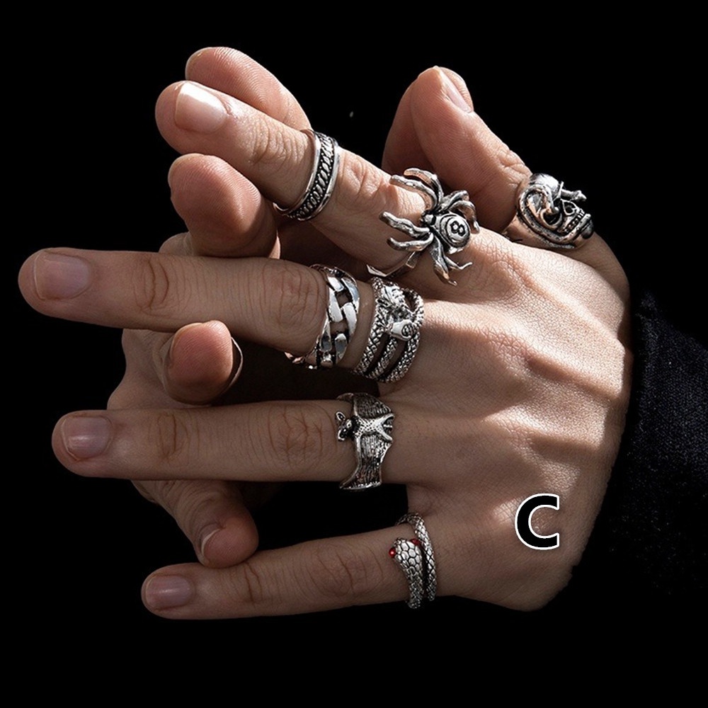 6pcs / set Cincin Jari Telunjuk Model Terbuka Desain Tengkorak Hati Laba-Laba Hollow Gaya punk Retro Untuk Pria