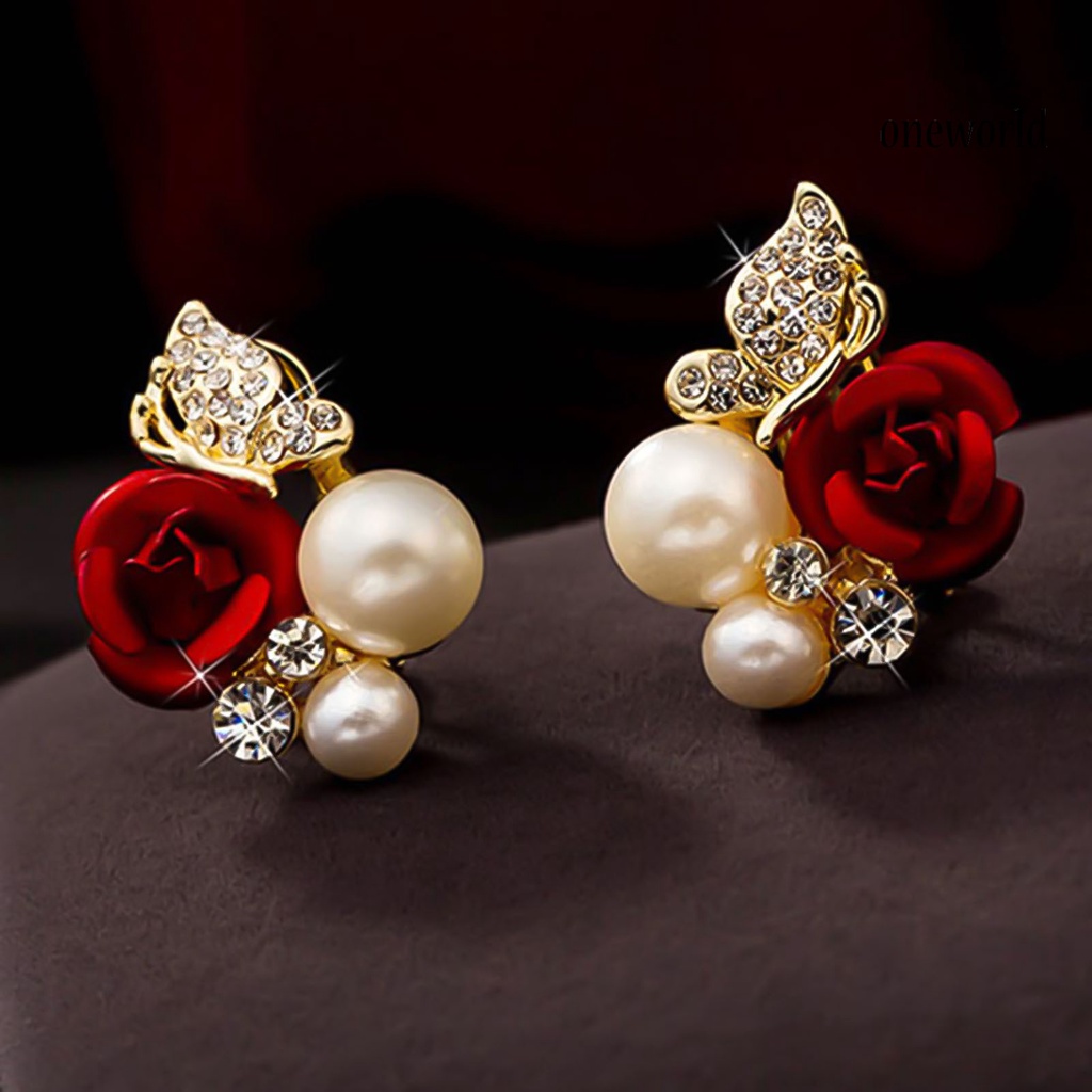 OW@ Earrings Red Rose Flower Faux Pearl Decor Exquisite Alloy Ear Studs Jewelry Gift for Party