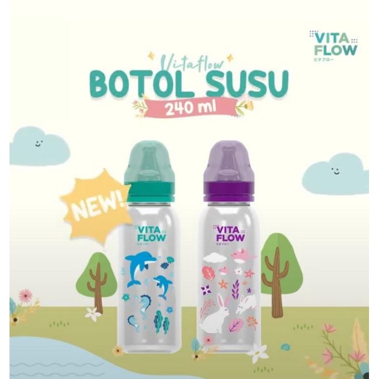 Vitaflow Botol Susu Multifungsi 240ml Motif Dolphin &amp; Rabbit