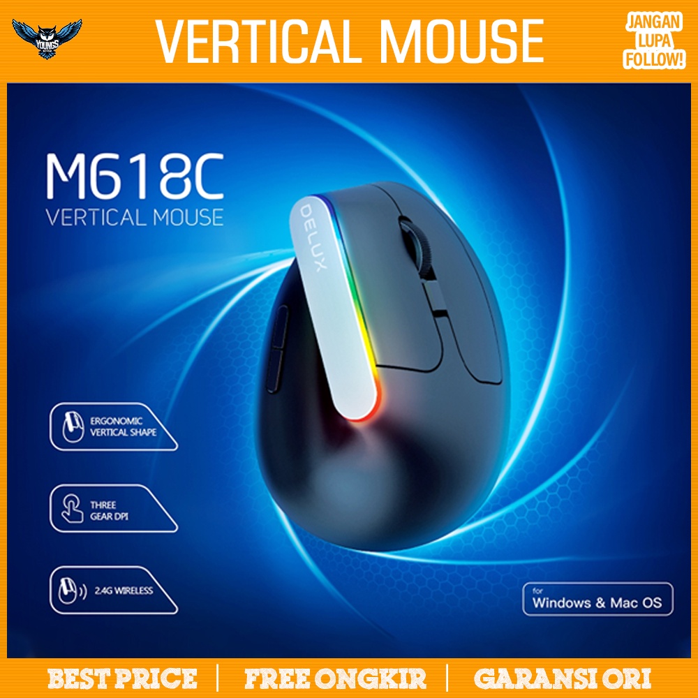 Mouse Wireless Vertical Delux M618C RGB Ergonomics 2.4Ghz 1600DPI