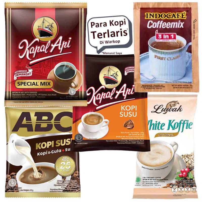 Kopi paling laris di warkop KAPAL API / INDOCAFE / ABC SUSU / LUWAK WHITE KOFFIE