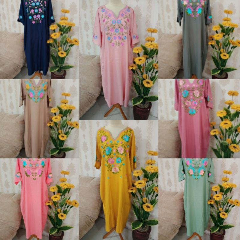 Daster Panjang Lengan Pendek Bordir Bunga Katun