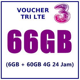 TERMURAH Voucher Isi Ulang Kuota Three 3 Tri 66GB LTE (6GB Reguler + 60GB 4G)