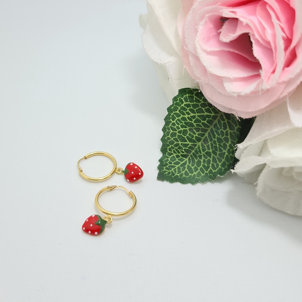 Anting Ring Emas Muda Bandul Strawberry