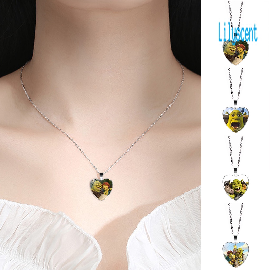 Kalung Liontin Bentuk Hati Motif Kartun Shrek Adjustable Untuk Ulang Tahun