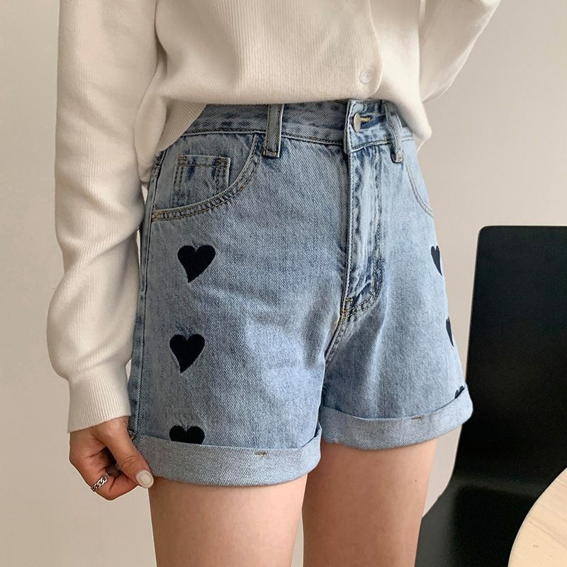 Short Pants High waist Hot Pants Celana Pendek Jeans Wanita Korea Style Motif Sablon Love