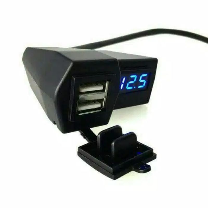 Volt Meter + Casger Dual Usb Model Jepit Stang Universal Semua Motor