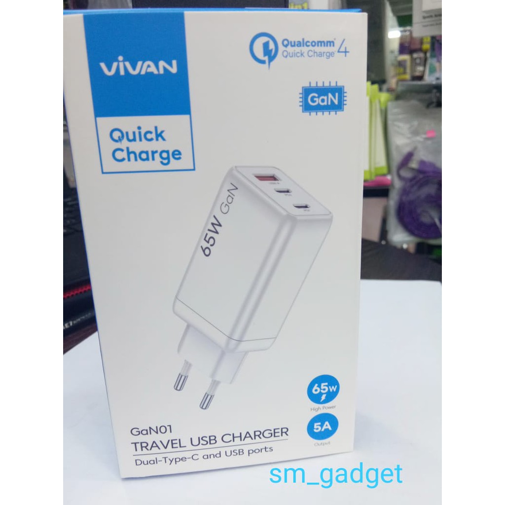 Charger VIVAN GaN01 dual Type-C dan USB 65W 5A 3 Output QC3.0 Port Quick