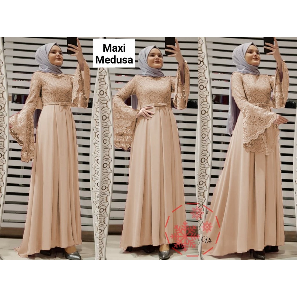 GAMIS BRUKAT MAXI MEDUSA TANGAN TEROMPET KOMBINASI JERSEY BRUKAT PREMIUN