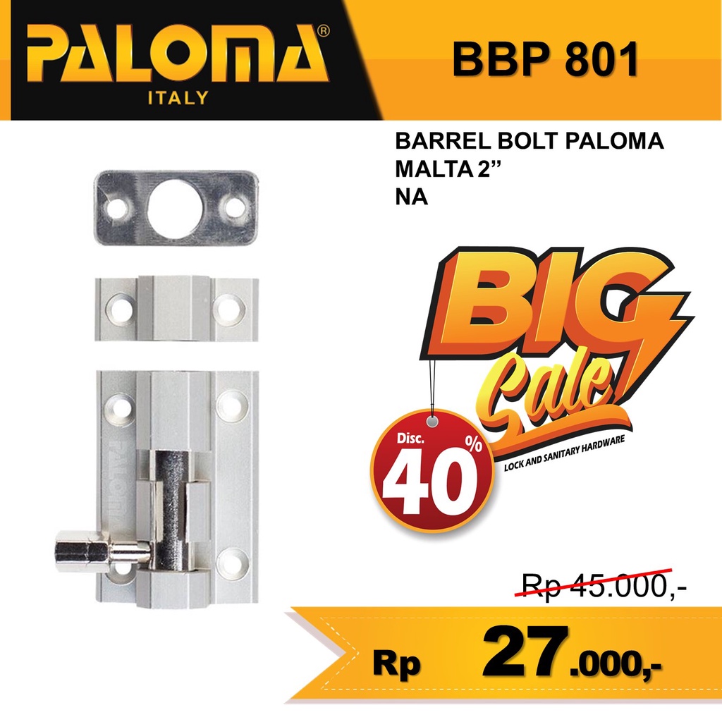 BARREL BOLT PALOMA GRENDEL SLOT KUNCI PINTU BBP 801 2 INCH 5CM PALOMA