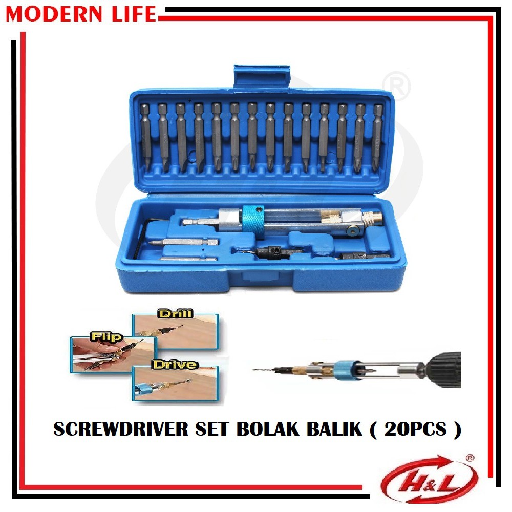 Drill Bit Set 20 pcs HSS Screwdriver Bits Flip Drip P1 bor Obeng Putar