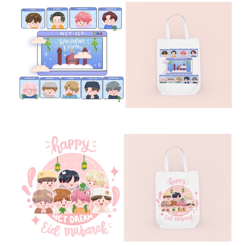 Tas serut atau String Bag dan Tote Bag Bergambar Tulisan Ramadhan Hampers // Eid Mubarak // Kpop//Lebaran Edition