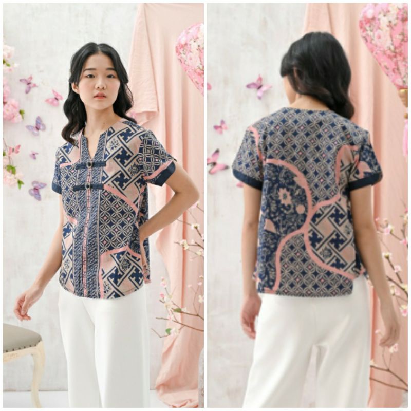 Atasan Blouse Batik Wanita Lengan Pendek Edisi Imlek Bahan Katun Stretch, 208 BNI#-3