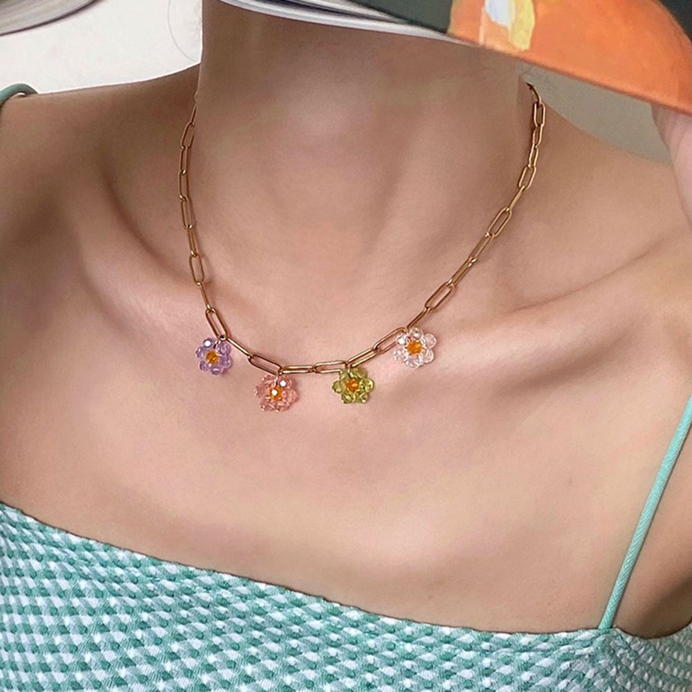 Needway  New Beaded Choker Colorful Chain Flower Bracelet Sweet Geometric Alloy For Women Vintage Necklace