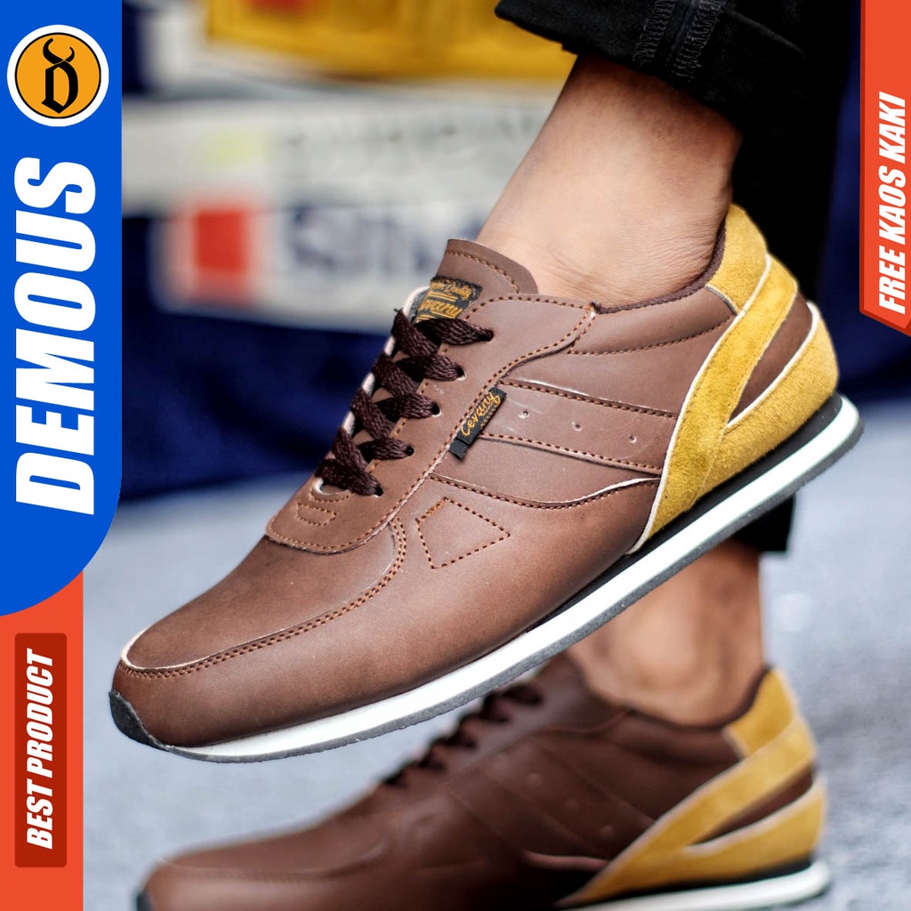 Sepatu Sneakers Pria Kasual Kulit Asli Sporty Kerja Hitam Putih Demous Jellal