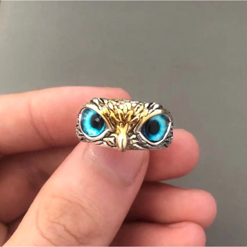 Cincin Model Terbuka Dapat Disesuaikan Desain Burung Hantu Mata Biru Gaya Retro Gothic Untuk Pria