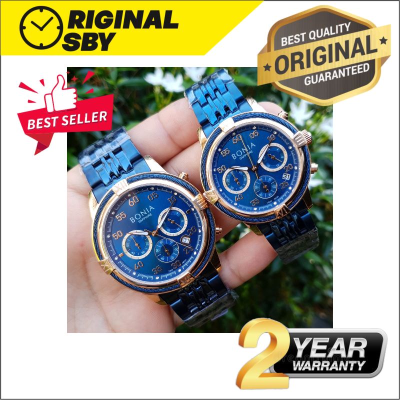 JAM TANGAN PRIA WANITA | RANTAI | KULIT | KARET | MURAH | BONIA 10534 COUPLE - ALL STEEL COMBI BIRU 