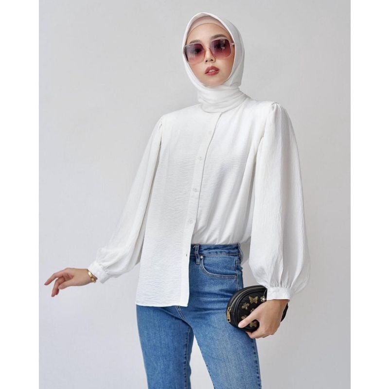 Aisa Blouse Crinkle Fit to XL Premium Kemeja Formal Kerja / River Blouse Crinkle Krah Sanghai Kemeja Wanita Polos-AISA WHITE