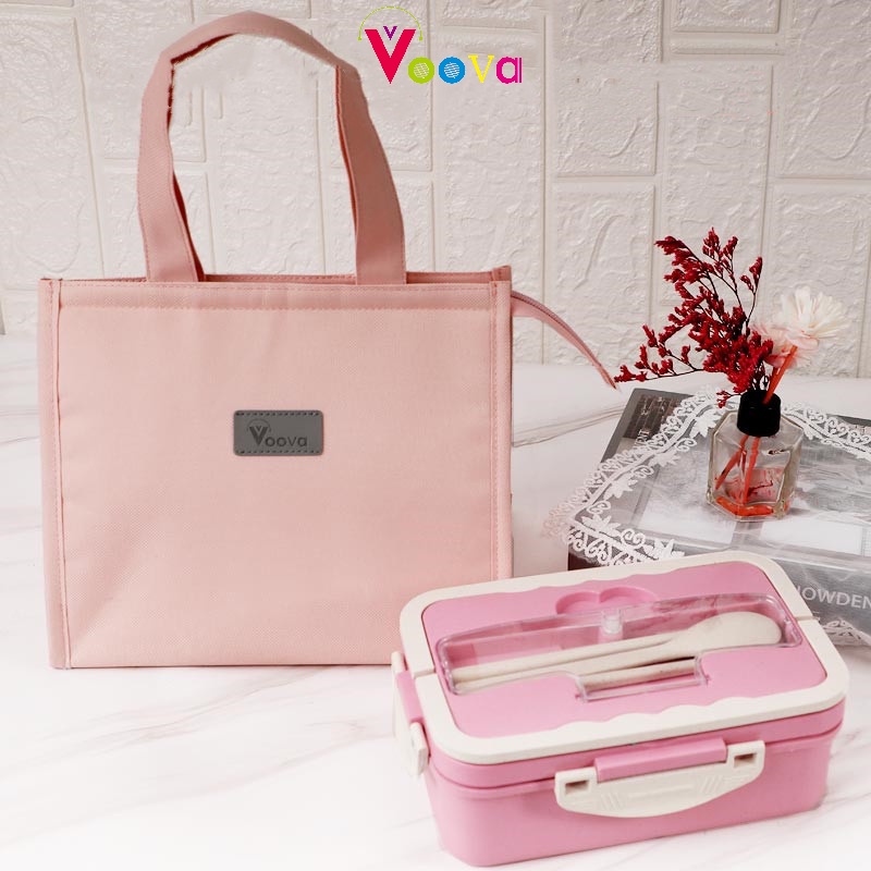 VOOVA Lunch Box Kotak Bekal Makan Siang Bahan Jerami Pegangan melengkung + Sendok Dan Sumpit memilik