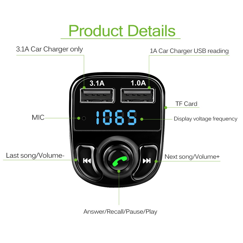 Bluetooth Audio Receiver FM Transmitter Handsfree with USB Car Charger