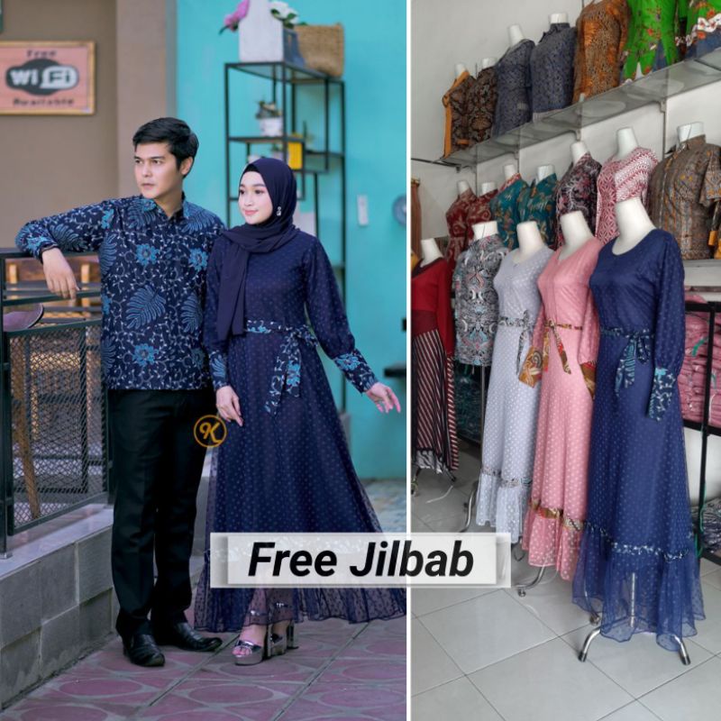 Batik couple gamis raya tille doty GRATIS JILBAB