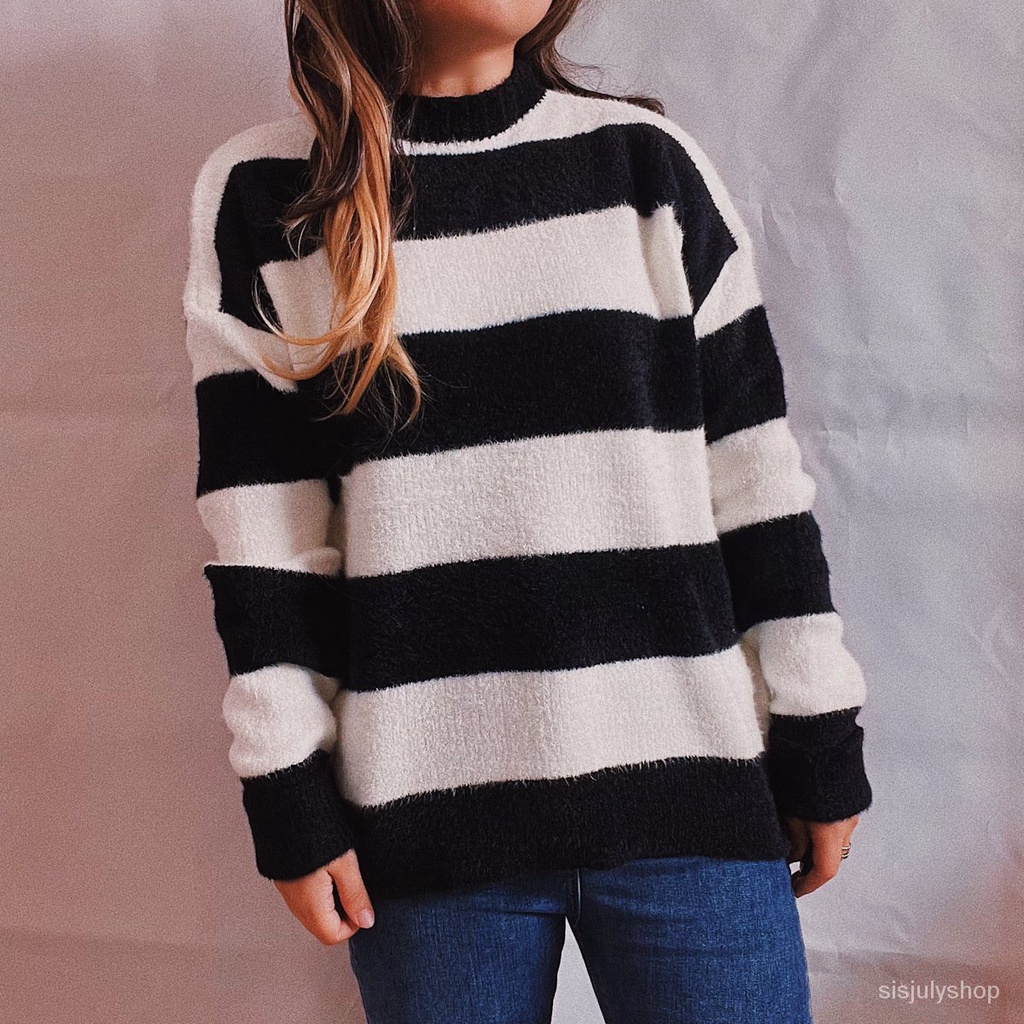 #Sisjuly# Wanita Kasual Tebal Bergaris Warna Permen Crew Neck Lengan Panjang Sweater Rajut Pullover