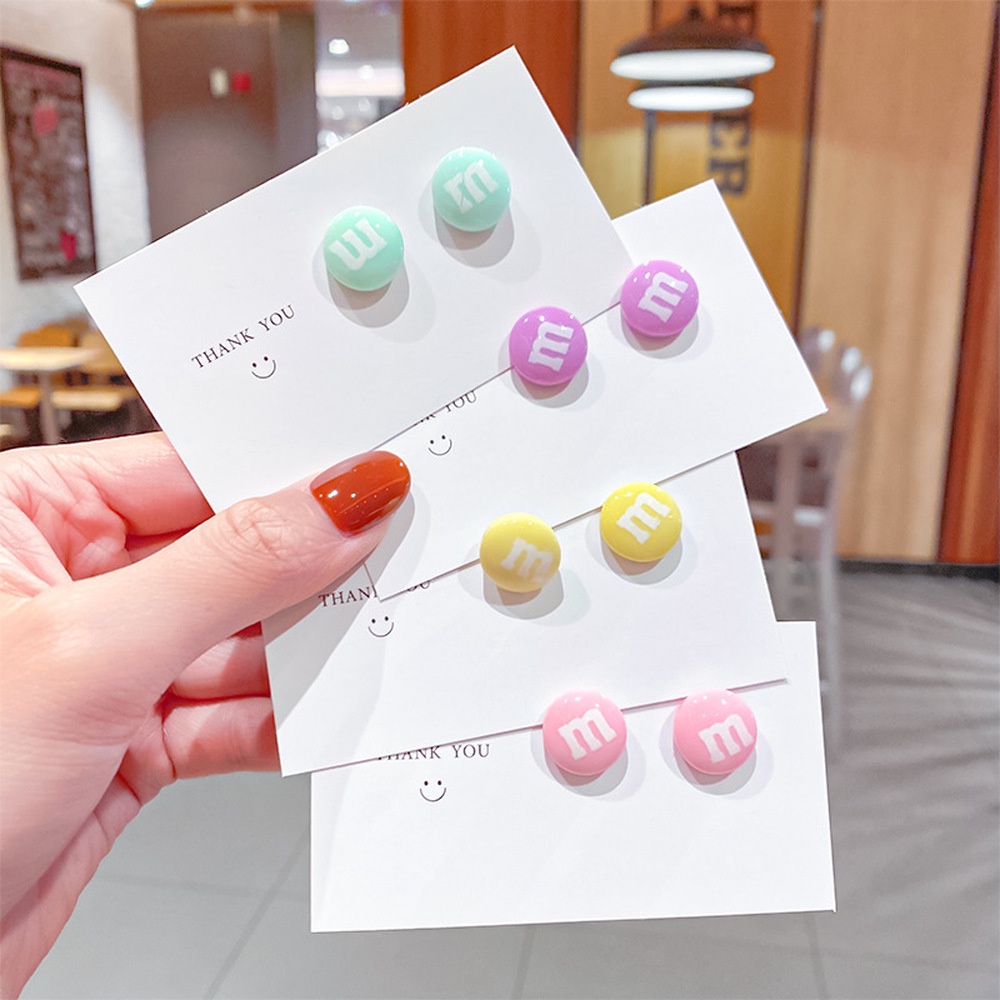 Sweet M Bean Stud Earrings Candy Color Earrings Female Round Face Thinner Cute Earrings 925 Silver Needle Mini Round