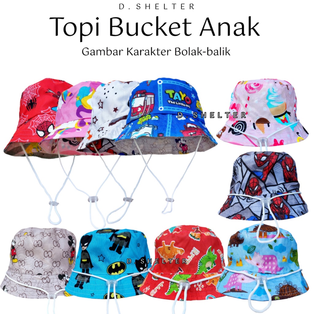 BUCKET ANAK KARAKTER BISA BOLAK BALIK PAKAI TALI / 1 TOPI BISA 2 GAMBAR KARAKTER / TOPI ANAK