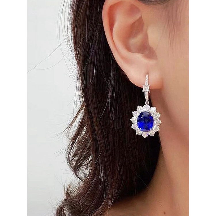 Anting Juntai Cubic Zirconia Warna Biru Tua Untuk Wanita