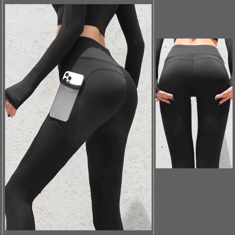 Legging Senam Import Celana Olahraga Gym Nylon Premium HW Highwaist Kantong